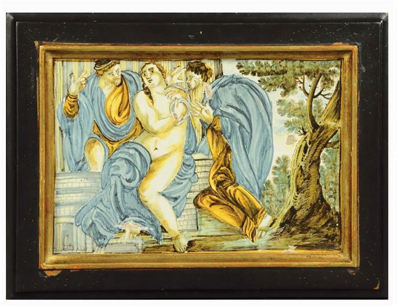 Placca in maiolica raffigurante Susanna e i vecchioni, manifattura di Castelli, XVIII secolo  - Asta Antiquariato, Argenti e Dipinti Antichi - Cambi Casa d'Aste