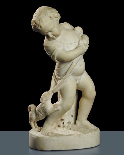 Scultura in Marmo Bianco Raffigurante Putto con Cane, XIX Secolo