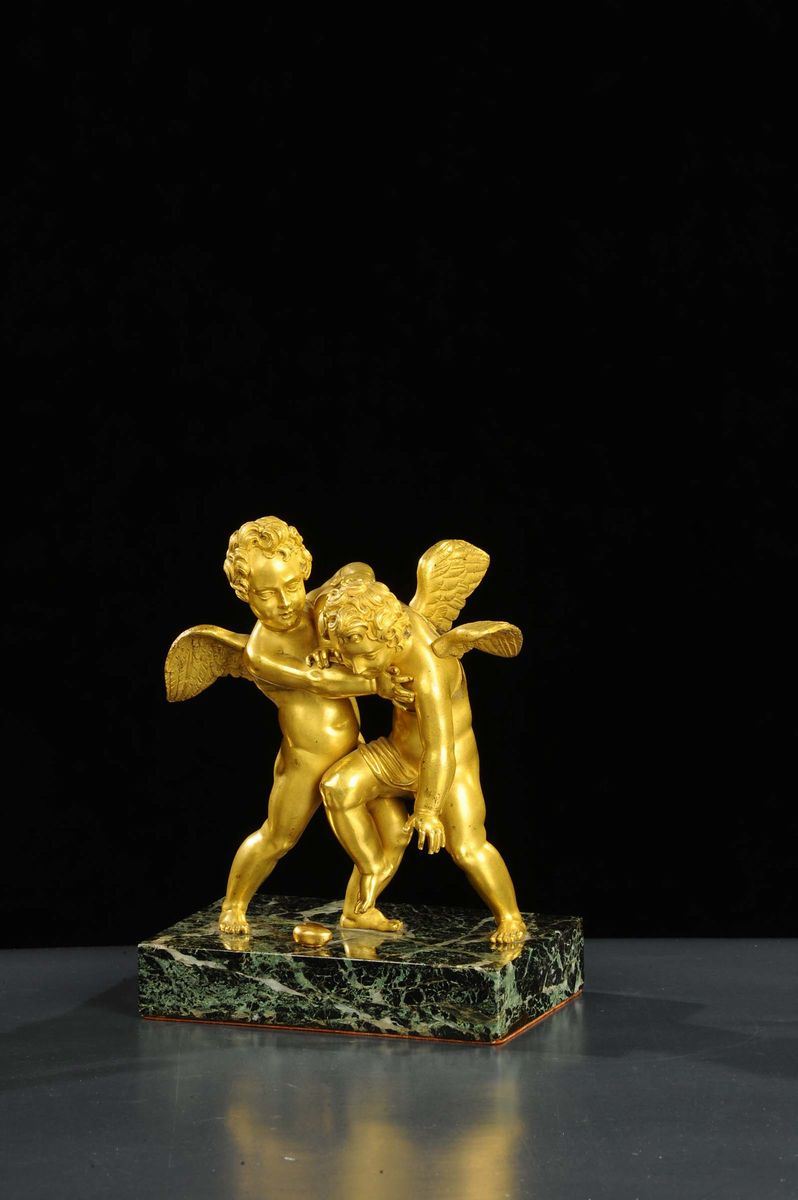 Gruppo in bronzo dorato raffigurante angioletti, XVIII secolo  - Asta Antiquariato, Argenti e Dipinti Antichi - Cambi Casa d'Aste