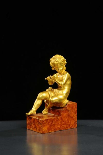 Scultura in Bronzo Dorato Raffigurante Bambino Flautista