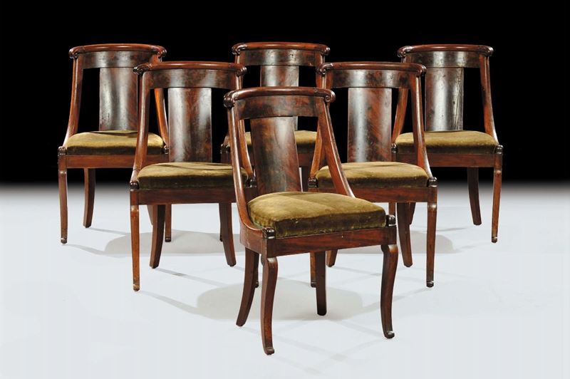 Sei sedie a gondola Restaurazione XIX secolo  - Asta Antiquariato, Argenti e Dipinti Antichi - Cambi Casa d'Aste