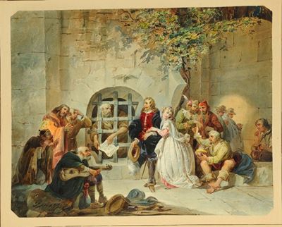 Cesare Provaggi (XIX Secolo)scena con Personaggi in Costume Tratta da Opera Teatrale