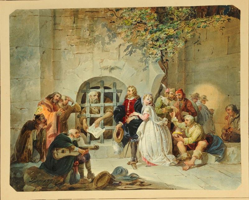 Cesare Provaggi (XIX secolo) Scena con personaggi in costume tratta da Opera teatrale  - Asta Antiquariato e Dipinti Antichi - Cambi Casa d'Aste