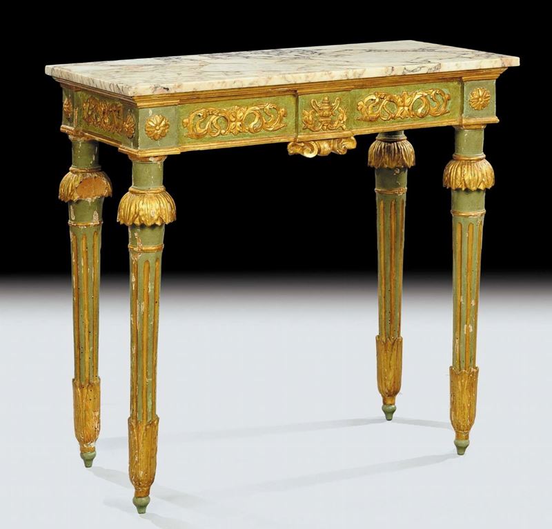 Console Luigi XVI in legno laccato e dorato, XVIII secolo  - Auction Antiquariato, Argenti e Dipinti Antichi - Cambi Casa d'Aste