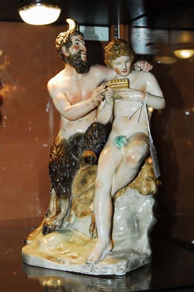 Gruppo in Terraglia Policroma Raffigurante Pan e Apollo, Napoli XIX Secolo