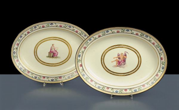 Coppia di piatti ovali in porcellana Ferdinando IV, Napoli XIX secolo