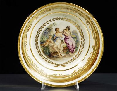Alzatina in Porcellana Bianca e Oro con Miniatura Centrale, Royal Copenaghen XX Secolo