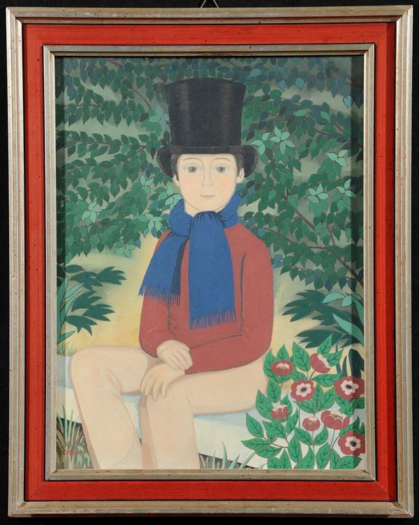 Dipinto naif raffigurante bambino con cappello a cilindro