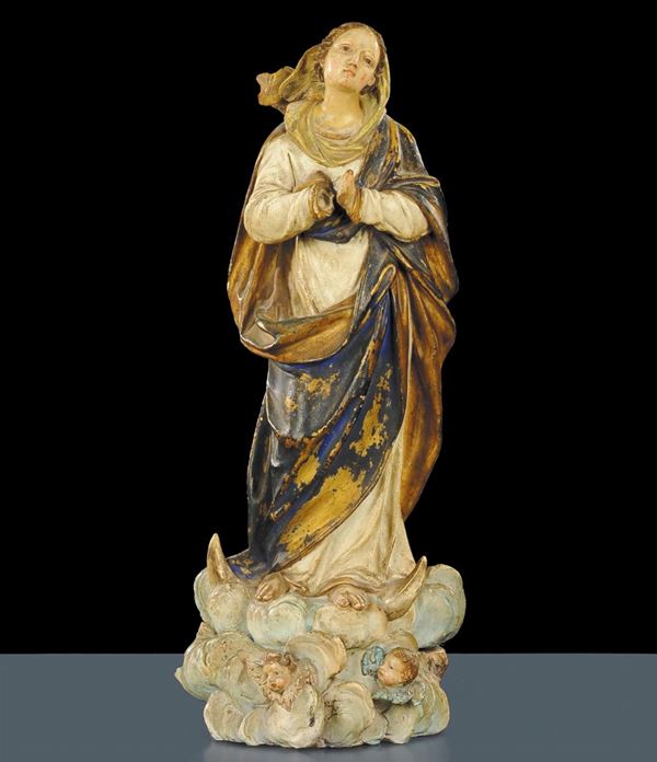 Scultura in terracotta raffigurante Madonna su nuvola, Emilia XVIII secolo
