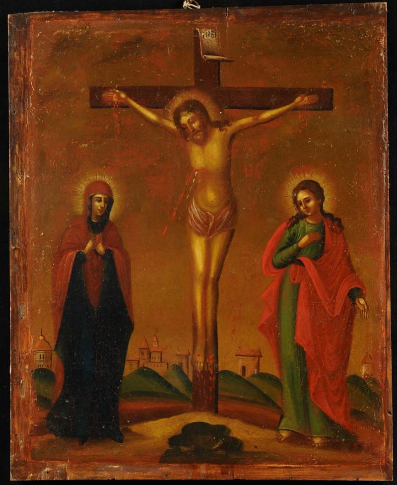 Dipinto fondo oro raffigurante Crocifissione, XVIII secolo  - Auction Antiquariato, Argenti e Dipinti Antichi - Cambi Casa d'Aste