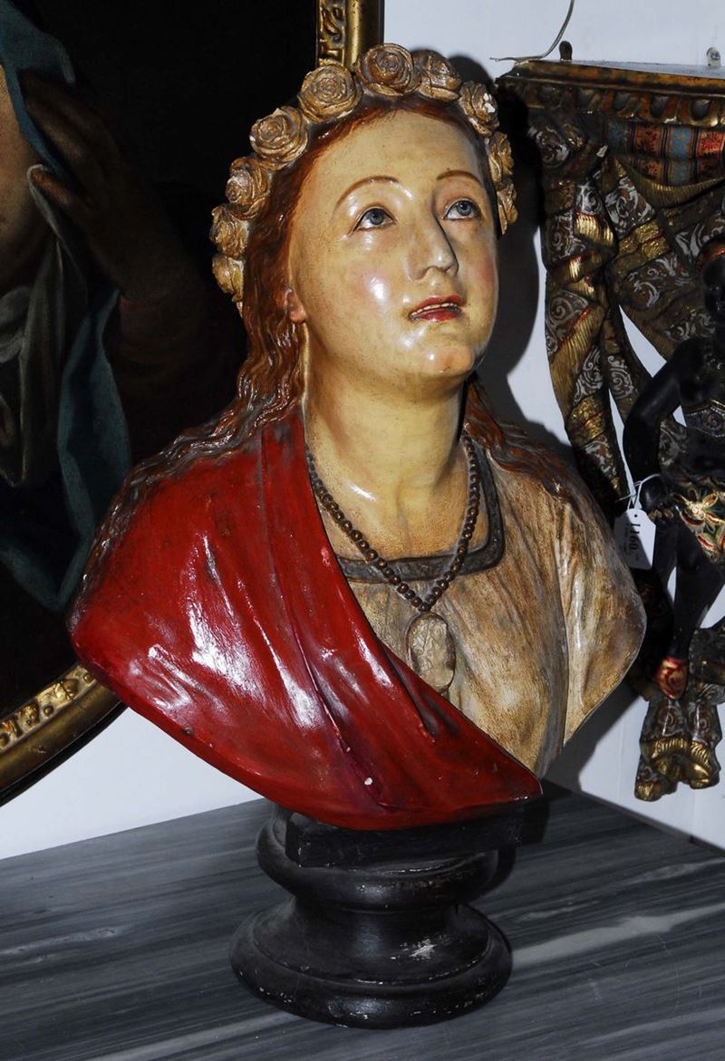 Busto in scagliola raffigurante Santa Lucia, XIX secolo  - Asta Antiquariato, Argenti e Dipinti Antichi - Cambi Casa d'Aste