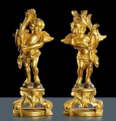 Coppia di Putti in Legno Intagliato e Dorato, Fine XIX Secolo