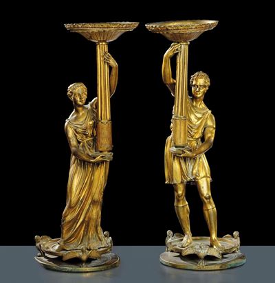 Coppia di Sculture in Bronzo Dorato Raffiguranti Personaggi, Francia XIX Secolo