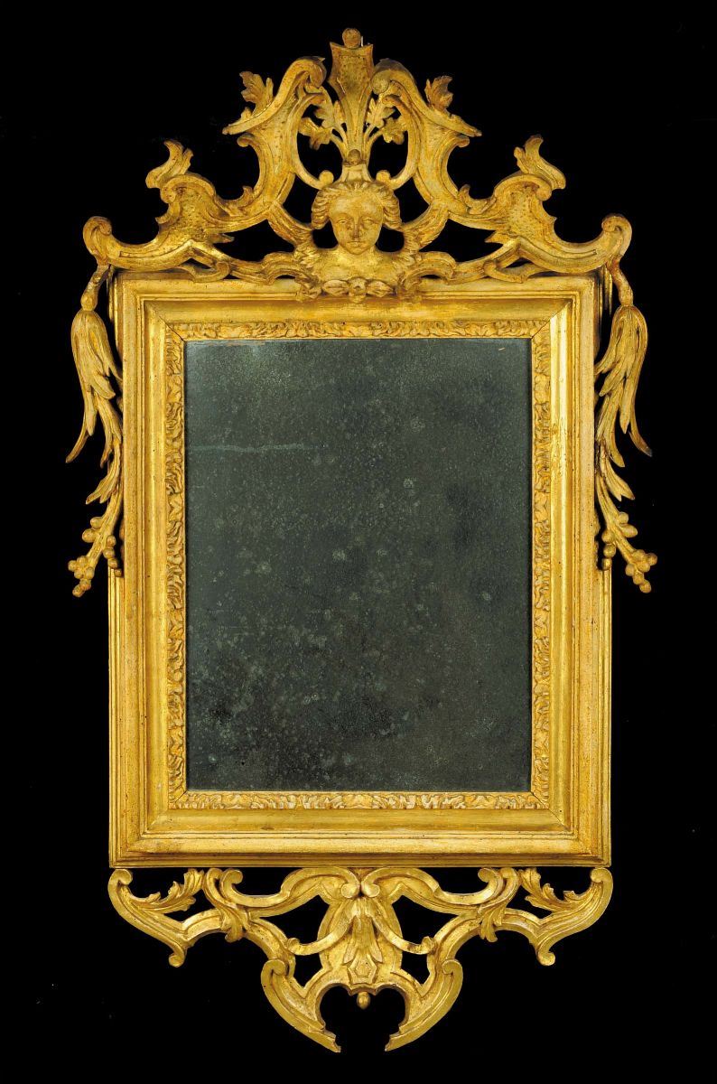 Specchiera Luigi XIV in legno dorato a mecca, Roma XVII secolo  - Asta Antiquariato, Argenti e Dipinti Antichi - Cambi Casa d'Aste