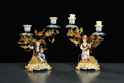 Coppia di Candelieri a Due Luci in Porcellana di Sevres e Bronzo Dorato, XIX Secolo